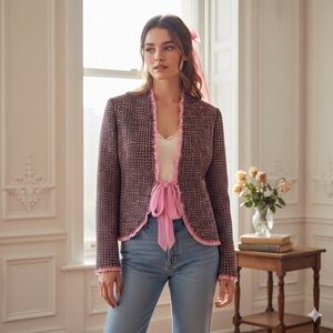 Nouveax Vintage Pink Chiffon Bow Tweed Jacket | Coquette Balletcore Chic 8P